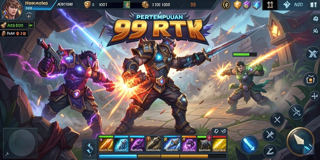 Screenshot gameplay yang menunjukkan aksi pertarungan tim di arena MOBA.