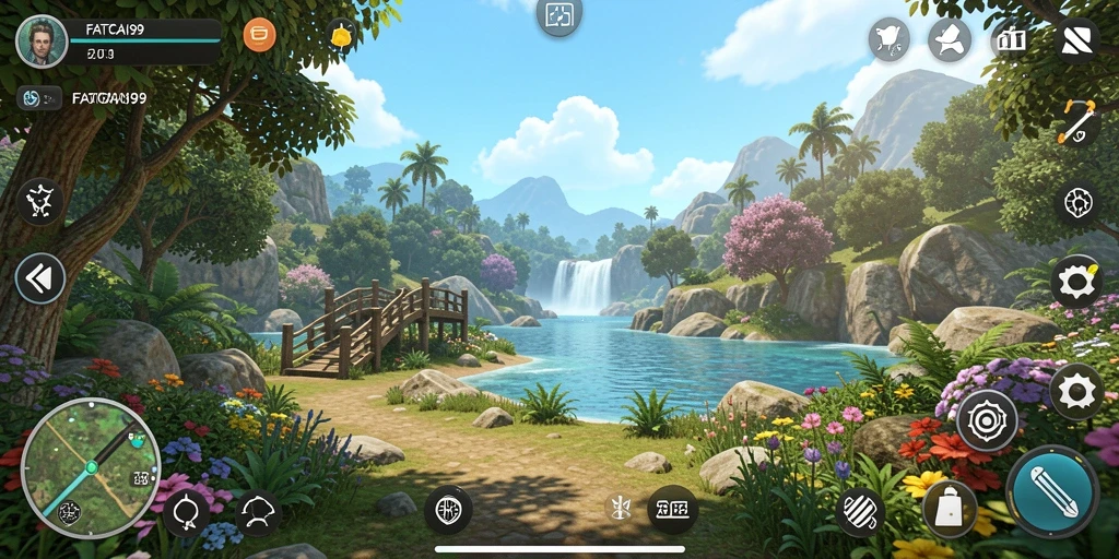 Screenshot gameplay menunjukkan petualangan di dunia terbuka FATCAI99.