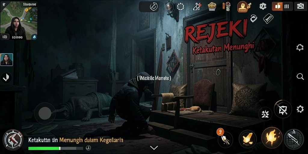 Tampilan gameplay REJEKI yang menegangkan dengan suasana kegelapan.