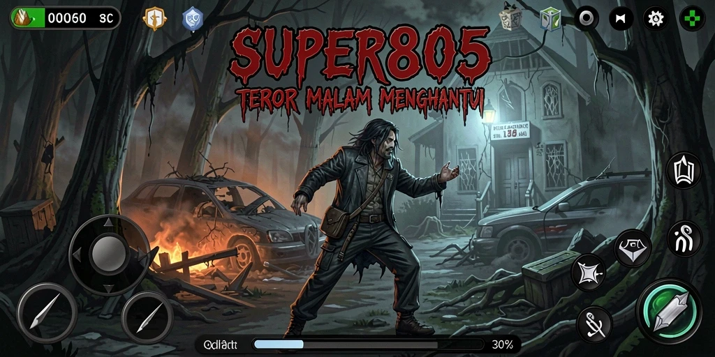 Tampilan gameplay SUPER805 yang menegangkan dengan suasana horor.